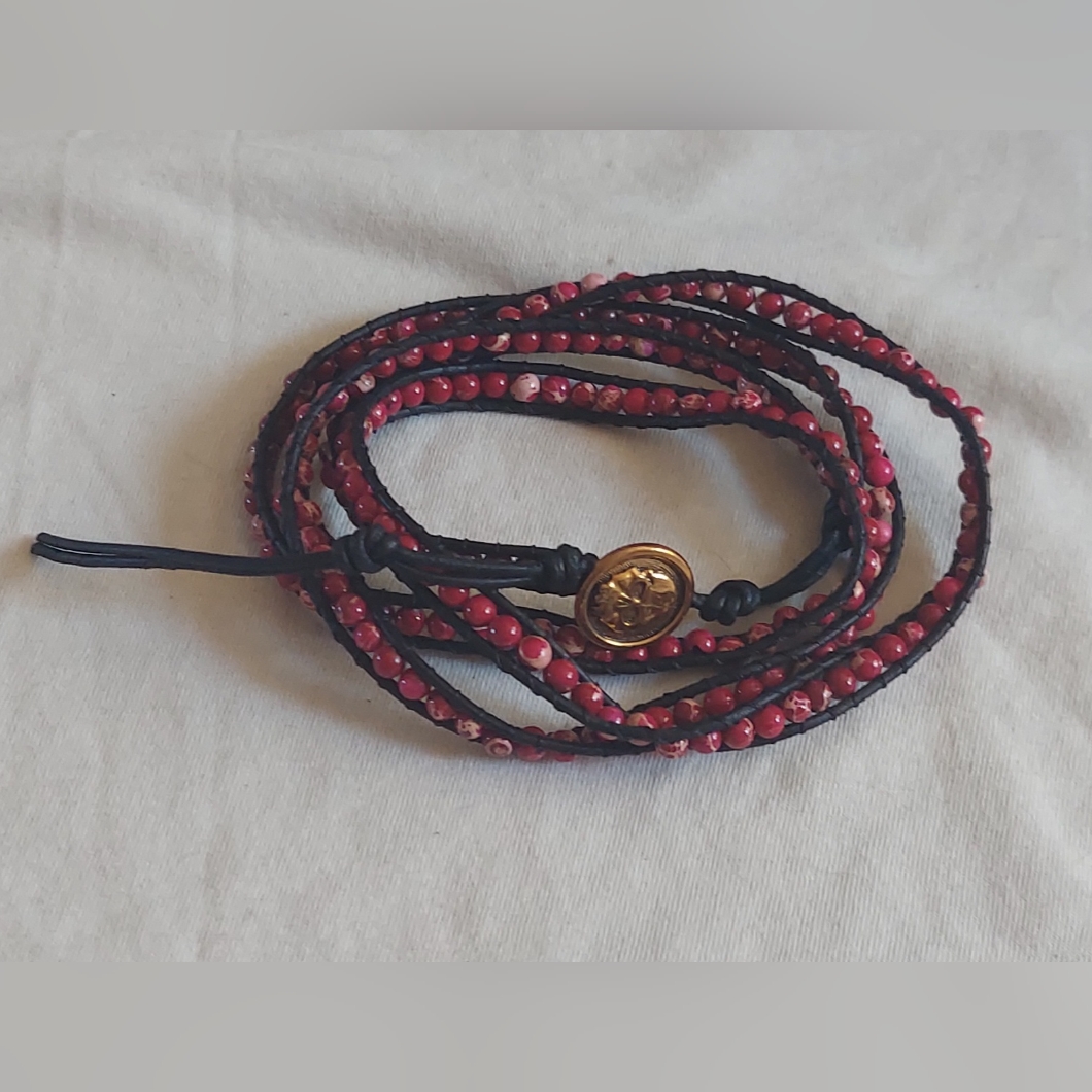 Handmade Magenta Bead Black Leather Wrap Bracelet 25$